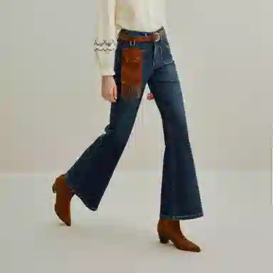 茵曼 复古喇叭双扣高腰长款牛仔裤 女款