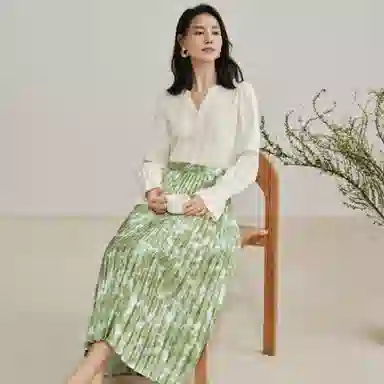 茵曼 中长款中腰百褶休闲长裙 女款 绿色