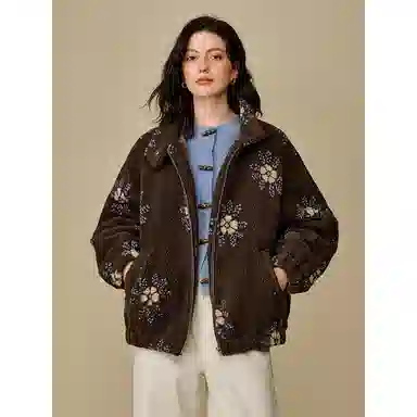 茵曼 夹棉刺绣宽松长袖棉服 女款