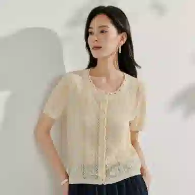 茵曼 镂空钩花老钱风短袖宽松针织衫 女款