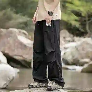 木林森 纯色垂感速干美式复古高街机能风工装裤 男女同款