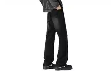 木林森 美式复古高街小众设计褶皱潮流宽松休闲简约水洗磨白微喇潮流百搭牛仔裤 男女同款