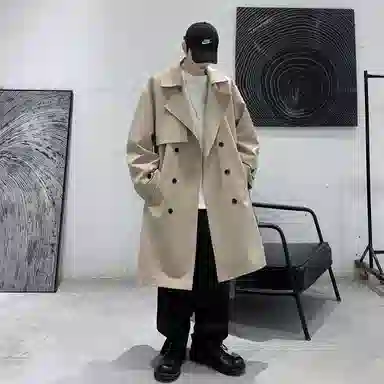 美式复古纯色双排扣中长款休闲百搭翻领过膝长袖外套风衣 男女同款