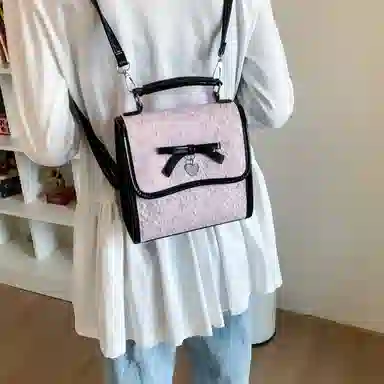轩玺 韩系蝴蝶结设计甜美时尚复古百搭通勤 复合布 双肩包 女款 白色/粉色/黑色