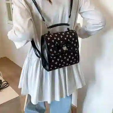 轩玺 韩系蝴蝶结设计甜美时尚复古百搭通勤 复合布 双肩包 女款 白色/粉色/黑色