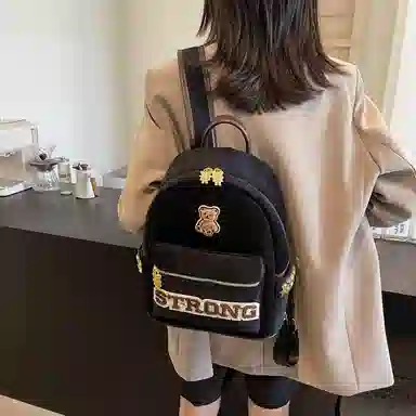 轩玺 高颜值小熊设计感上课通勤 帆布 帆布包双肩包 大号 男女同款情侣款 黑色/卡其色/咖色