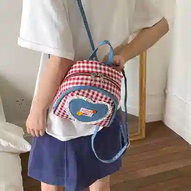 轩玺 撞色小众格子可爱洋气 帆布 双肩包 常规 女款 粉色