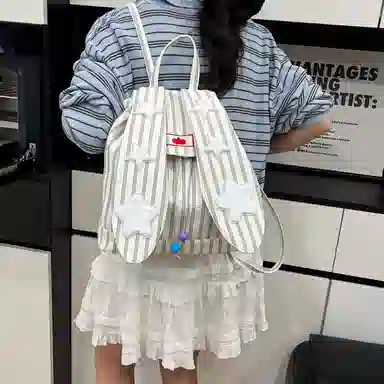 轩玺 星星兔耳朵高颜值条纹学生 棉布 书包背包双肩包 女款 蓝色/粉色/卡其色