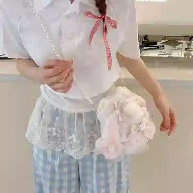 轩玺 软萌可爱少女心洛丽塔兔子珍珠链条 毛绒 单肩包斜挎包 女款 粉红色/白色