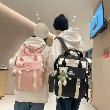 轩玺 日系校园简约百搭 尼龙 双肩包 男女同款情侣款 黑色/棕色/粉色/紫色/卡其色