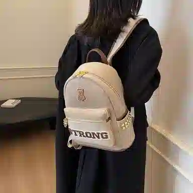 轩玺 高颜值小熊设计感上课通勤 帆布 帆布包双肩包 大号 男女同款情侣款 黑色/卡其色/咖色