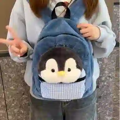 轩玺 毛绒可爱卡通设计感学生 灯芯绒 双肩包 常规 女款 孔雀蓝/咖色