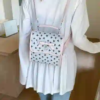 轩玺 韩系蝴蝶结设计甜美时尚复古百搭通勤 复合布 双肩包 女款 白色/粉色/黑色