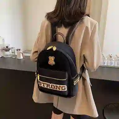 轩玺 高颜值小熊设计感上课通勤 帆布 帆布包双肩包 大号 男女同款情侣款 黑色/卡其色/咖色