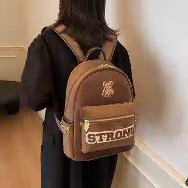 轩玺 高颜值小熊设计感上课通勤 帆布 帆布包双肩包 大号 男女同款情侣款 黑色/卡其色/咖色