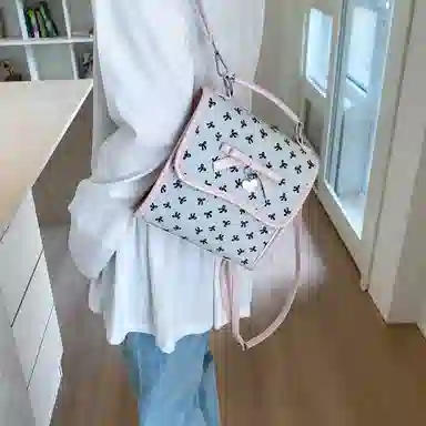 轩玺 韩系蝴蝶结设计甜美时尚复古百搭通勤 复合布 双肩包 女款 白色/粉色/黑色