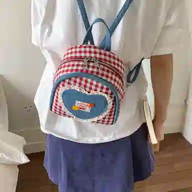 轩玺 撞色小众格子可爱洋气 帆布 双肩包 常规 女款 粉色