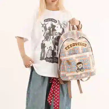 轩玺 美式复古格纹小熊时尚大容量百搭 牛津布 书包背包双肩包 常规 女款 棕色/咖色/橘蓝色
