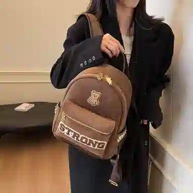 轩玺 高颜值小熊设计感上课通勤 帆布 帆布包双肩包 大号 男女同款情侣款 黑色/卡其色/咖色