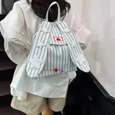 轩玺 星星兔耳朵高颜值条纹学生 棉布 书包背包双肩包 女款 蓝色/粉色/卡其色
