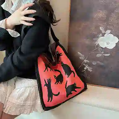 轩玺 小众图案设计休闲简约日常通勤时尚百搭 尼龙 单肩手提包 大号 女款 红色/蓝色