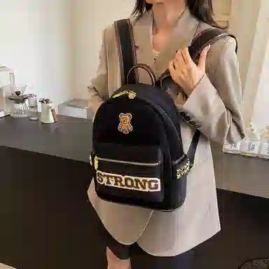 轩玺 高颜值小熊设计感上课通勤 帆布 帆布包双肩包 大号 男女同款情侣款 黑色/卡其色/咖色