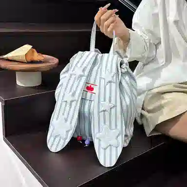轩玺 星星兔耳朵高颜值条纹学生 棉布 书包背包双肩包 女款 蓝色/粉色/卡其色