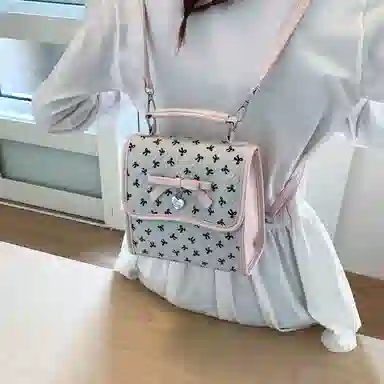 轩玺 韩系蝴蝶结设计甜美时尚复古百搭通勤 复合布 双肩包 女款 白色/粉色/黑色