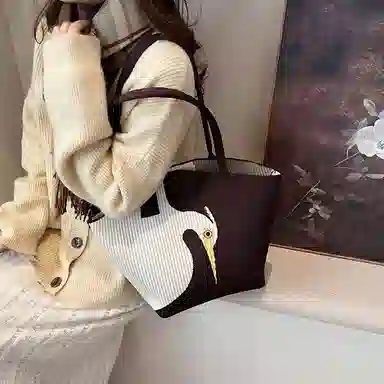轩玺 新中式国风时尚通勤百搭 毛呢 单肩包 大号 女款 咖色/黑色