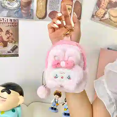 轩玺 卡通可爱甜美简约 毛绒拼涤纶 零钱包 女款 米色/粉色