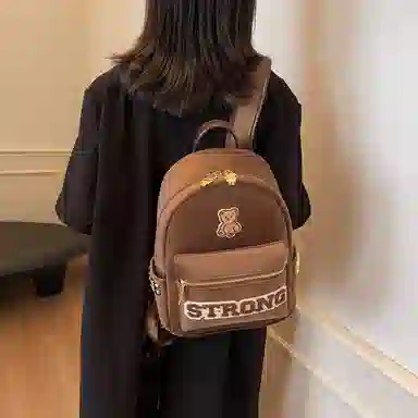 轩玺 高颜值小熊设计感上课通勤 帆布 帆布包双肩包 大号 男女同款情侣款 黑色/卡其色/咖色