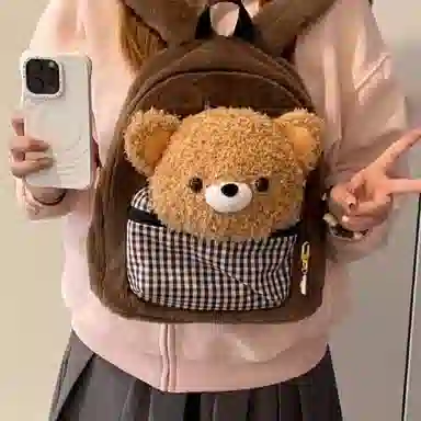 轩玺 毛绒可爱卡通设计感学生 灯芯绒 双肩包 常规 女款 孔雀蓝/咖色