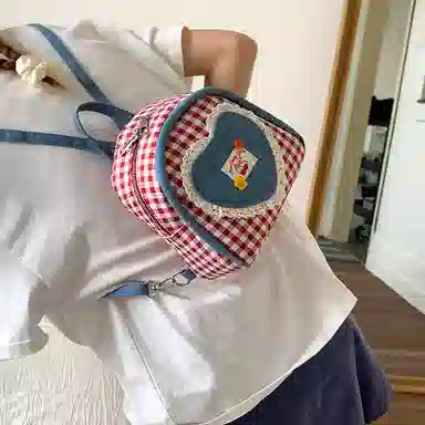 轩玺 撞色小众格子可爱洋气 帆布 双肩包 常规 女款 粉色