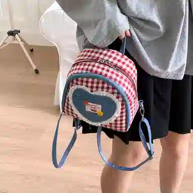 轩玺 撞色小众格子可爱洋气 帆布 双肩包 常规 女款 粉色