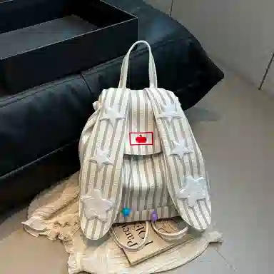 轩玺 星星兔耳朵高颜值条纹学生 棉布 书包背包双肩包 女款 蓝色/粉色/卡其色