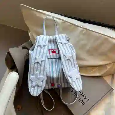 轩玺 星星兔耳朵高颜值条纹学生 棉布 书包背包双肩包 女款 蓝色/粉色/卡其色