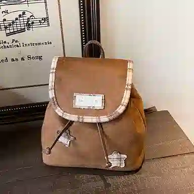 轩玺 美拉德复古轻便时尚星星贴布设计 麂皮绒 背包双肩包 女款 咖色/黑色/棕色/灰色