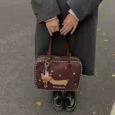 轩玺 复古可爱波点手提包百搭通勤波士顿包 麂皮绒 双肩单肩包 常规 女款 多色