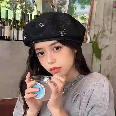 朵澜 水洗牛仔女大头围日系蝴蝶结八角帽时尚显脸小帽子 聚酯纤维 贝雷帽 女款