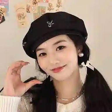 朵澜 水洗牛仔女大头围日系蝴蝶结八角帽时尚显脸小帽子 聚酯纤维 贝雷帽 女款