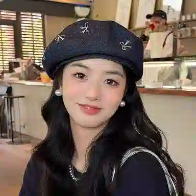 朵澜 水洗牛仔女大头围日系蝴蝶结八角帽时尚显脸小帽子 聚酯纤维 贝雷帽 女款