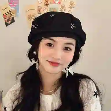 朵澜 水洗牛仔女大头围日系蝴蝶结八角帽时尚显脸小帽子 聚酯纤维 贝雷帽 女款