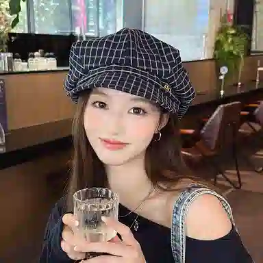 朵澜 格纹云朵八角韩系大头围文艺复古 腈纶 贝雷帽 女款