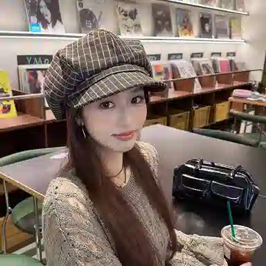 朵澜 格纹云朵八角韩系大头围文艺复古 腈纶 贝雷帽 女款