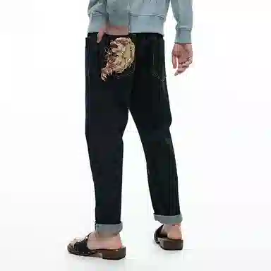 Oniarai Thief Blue Fire Lion Embroidered Straight Jeans