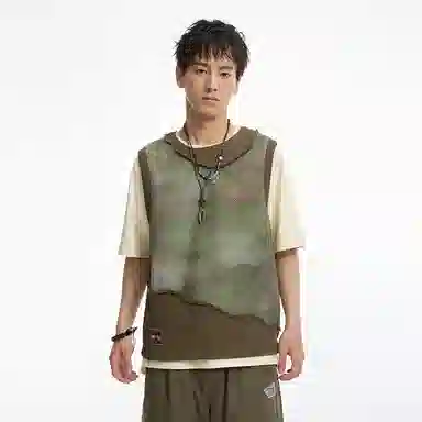 鬼洗 森林迷彩散口套头无袖背心 男款 墨绿色