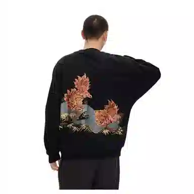 鬼洗 刺绣拼接秋冬赤焰唐狮潮套头卫衣 男款