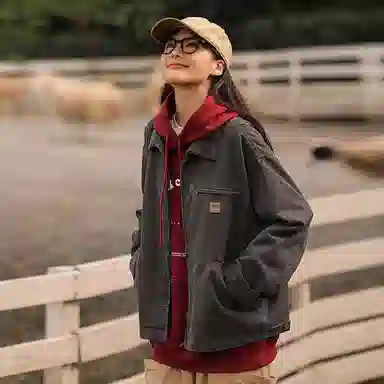 桴生 日系工装时尚底特律复古水洗纯色翻领宽松百搭拉链长袖夹克外套 女款