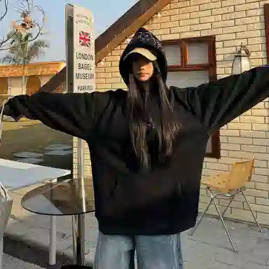 桴生 美式复古火焰字母刺绣宽松休闲连帽国潮套头外套卫衣 男女同款