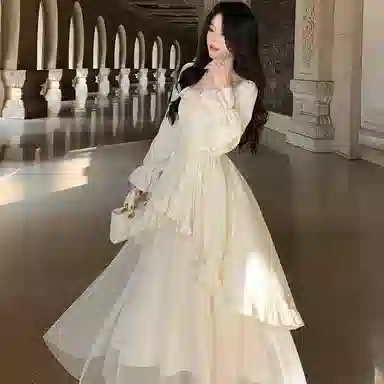 桴生 气质仙女风系带提花网纱拼接不规则大摆宽松纯色长袖连衣裙 女款